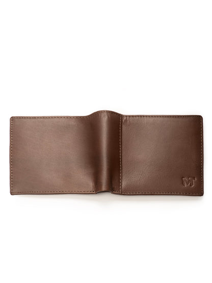 Brown bi-fold wallet open flat with MT logo on the right panel
