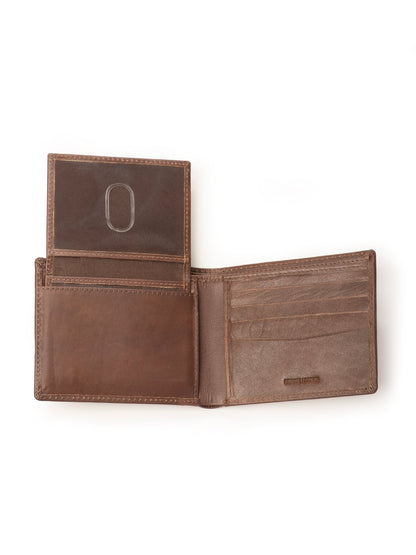 Brown bi-fold wallet open with a clear ID window and card compartments