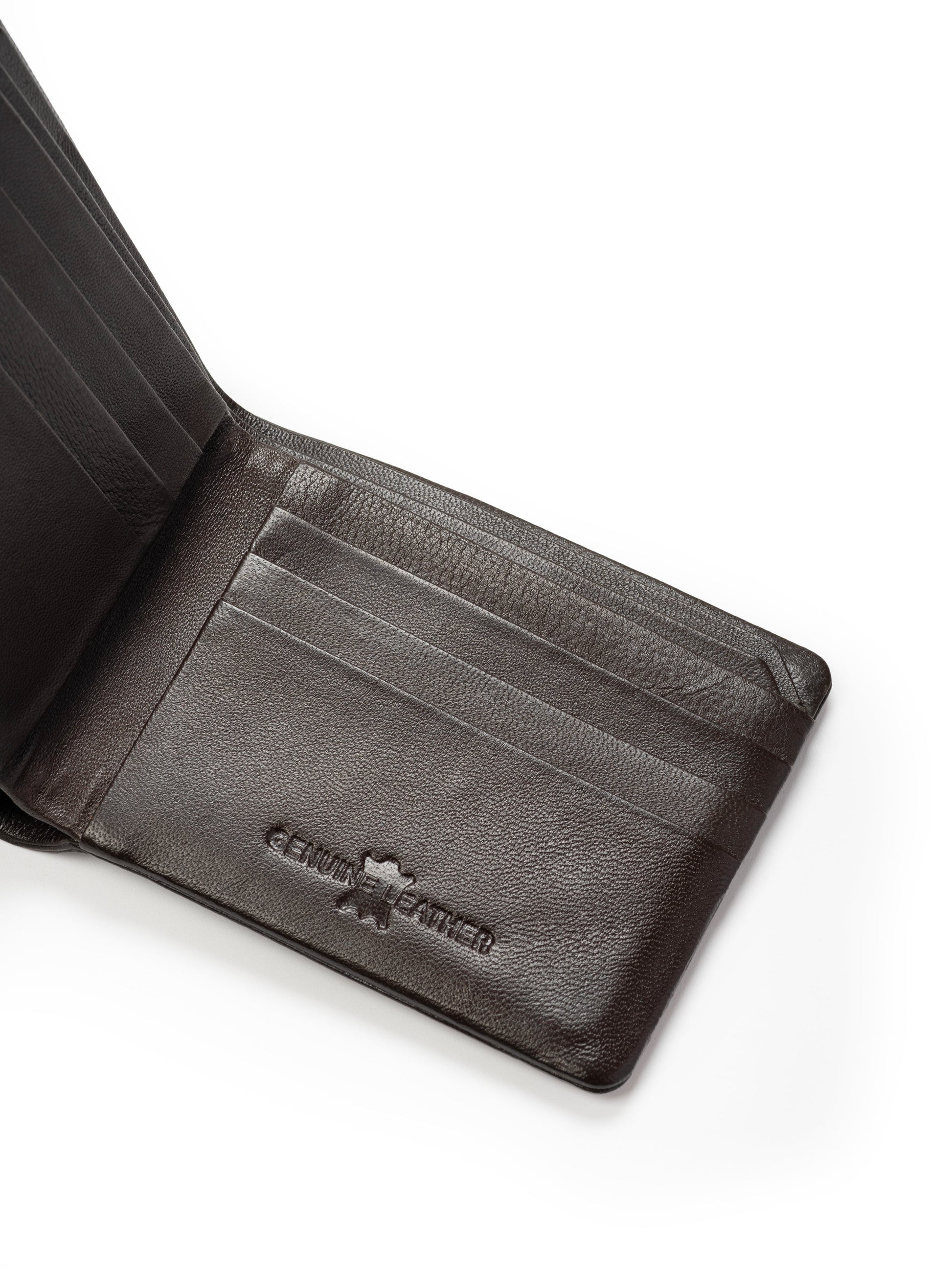 Dark brown bifold wallet interior with card slots and embossed MT logo on panel.
