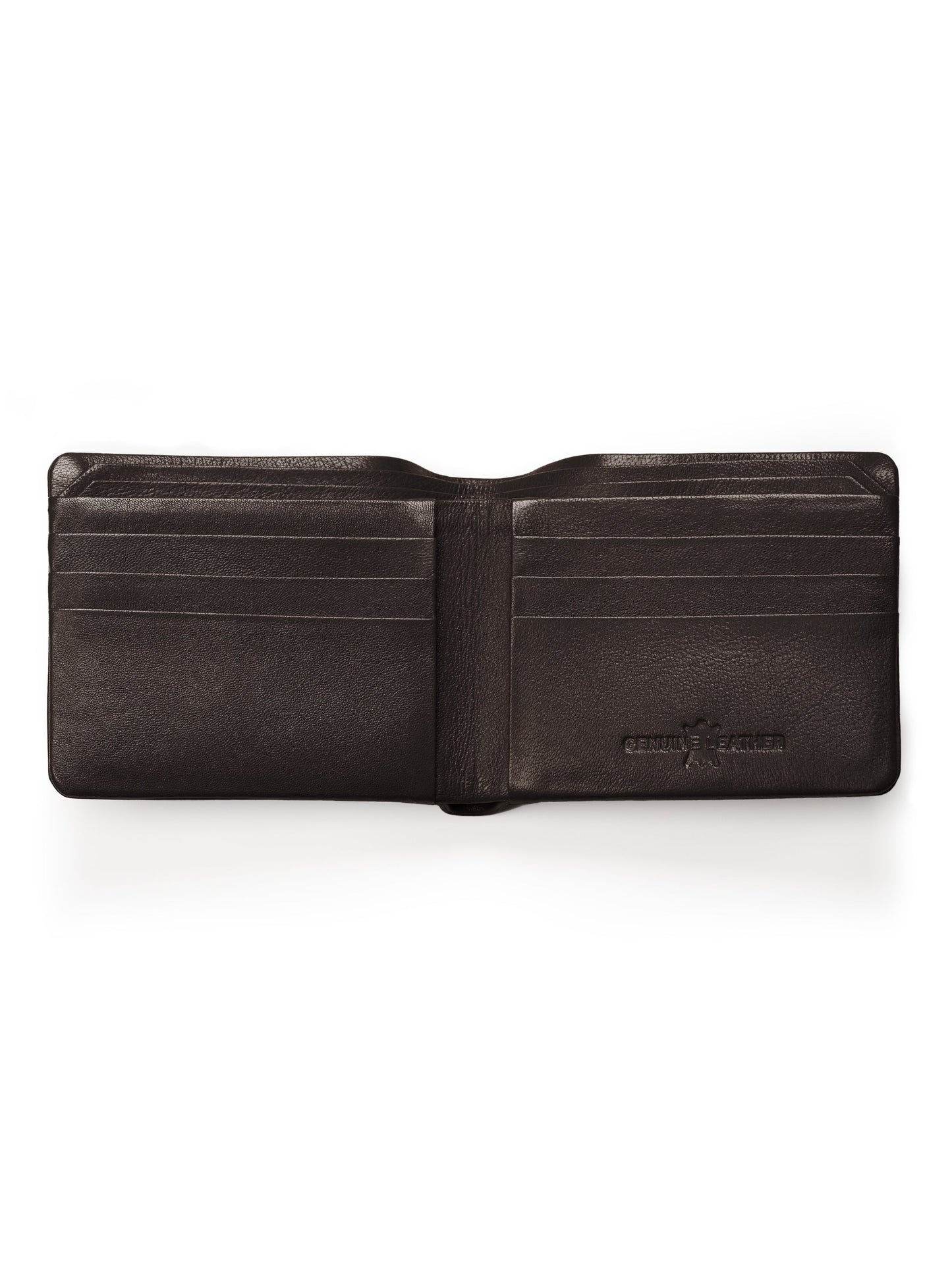 Dark brown bifold wallet interior with card slots and embossed MT logo on right.