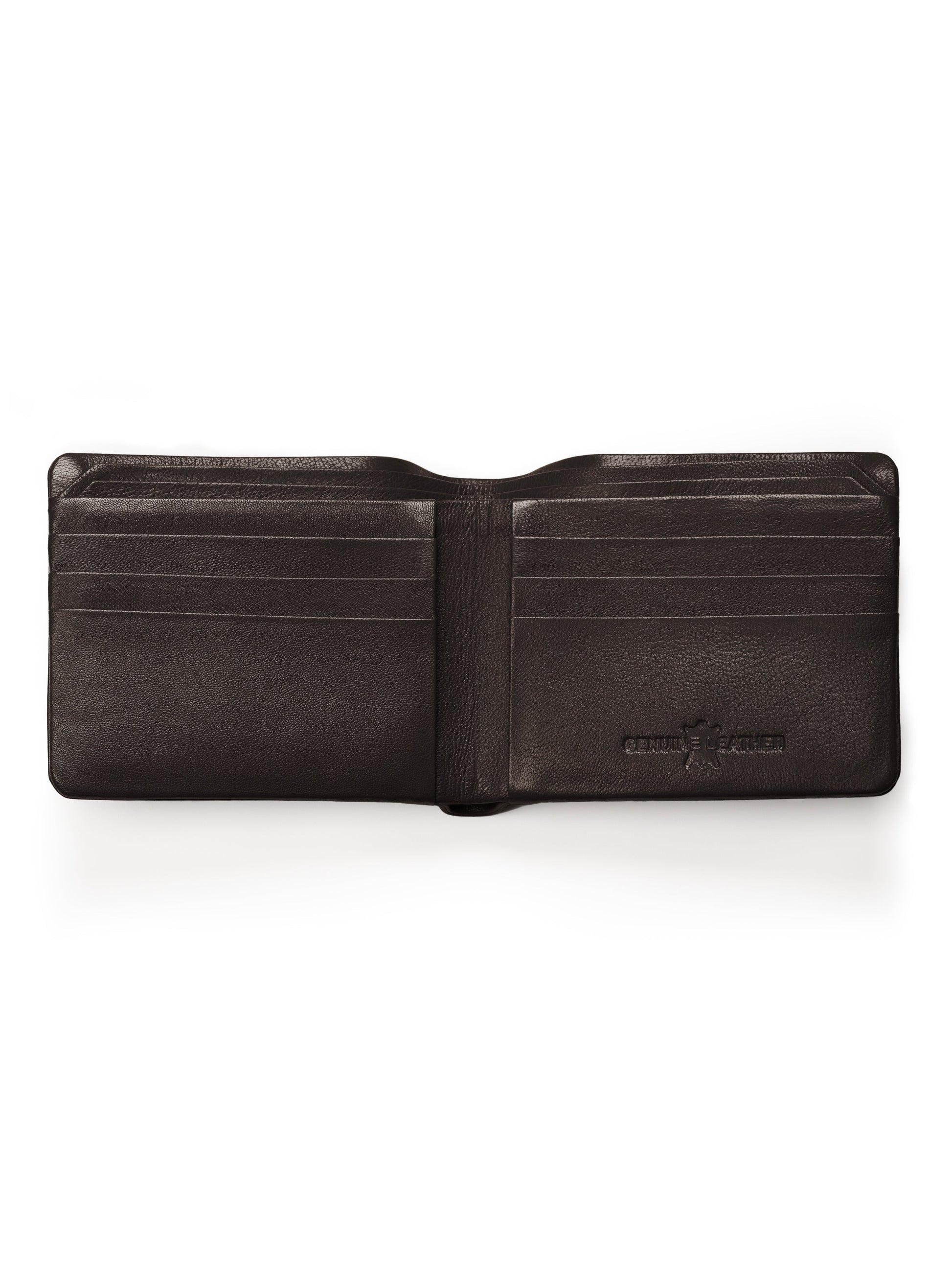 Dark brown bifold wallet interior with card slots and embossed MT logo on right.
