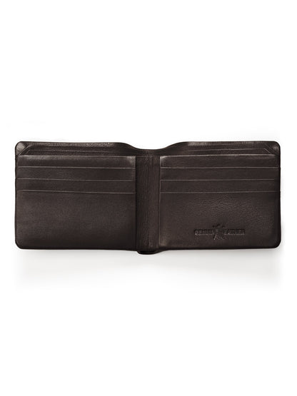 Dark brown bifold wallet interior with card slots and embossed MT logo on right.