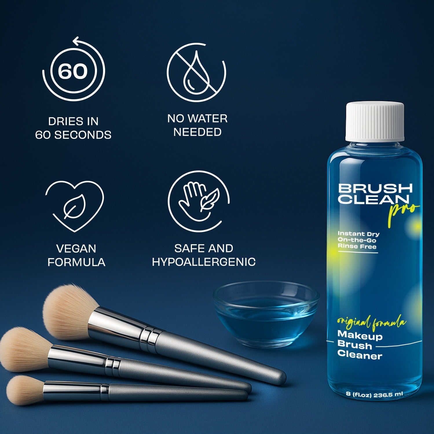 Blue makeup brush cleaner bottle with brushes and a bowl of blue liquid