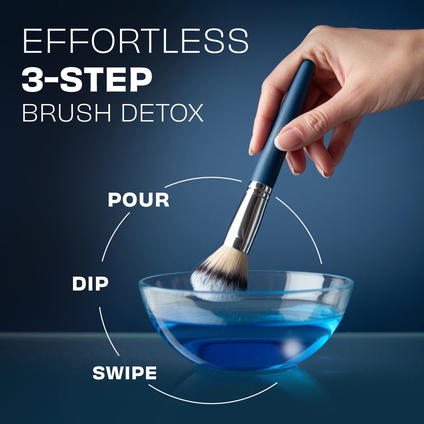 Makeup brush dipped into a bowl of blue cleaning solution