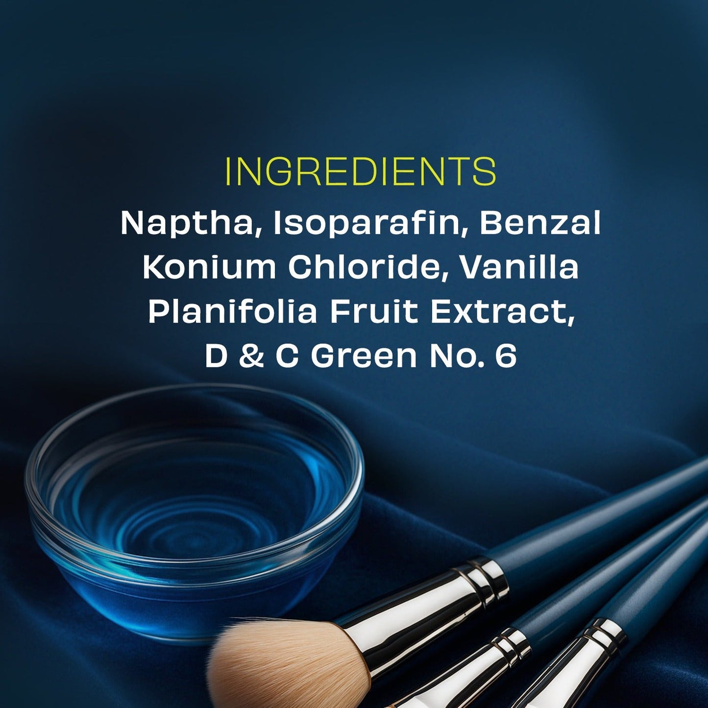 Makeup brushes beside a small glass bowl of blue cleaner