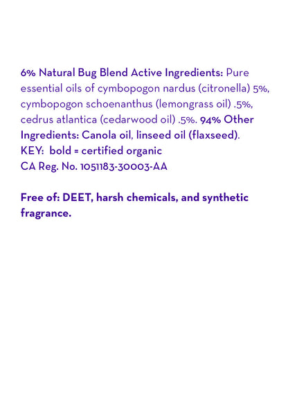Bug Blend body oil ingredients and key information text on label