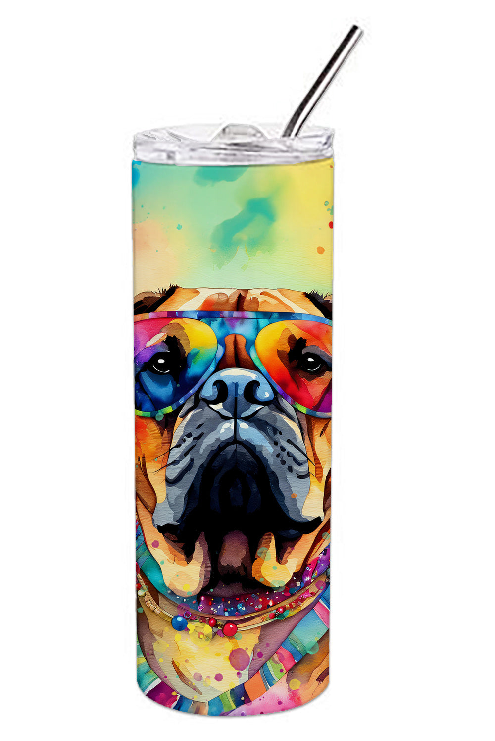 Bullmastiff Hippie Dawg Stainless Steel Skinny Tumbler Vacuum Double Walled Reusable Insulated Tumbler Travel Cup for Coffee Cocktails Gift with Lid, 20 oz - Renee Lane Company