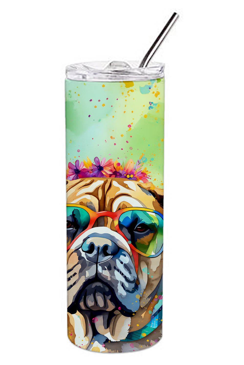 Bullmastiff Hippie Dawg Stainless Steel Skinny Tumbler Vacuum Double Walled Reusable Insulated Tumbler Travel Cup for Coffee Cocktails Gift with Lid, 20 oz - Renee Lane Company