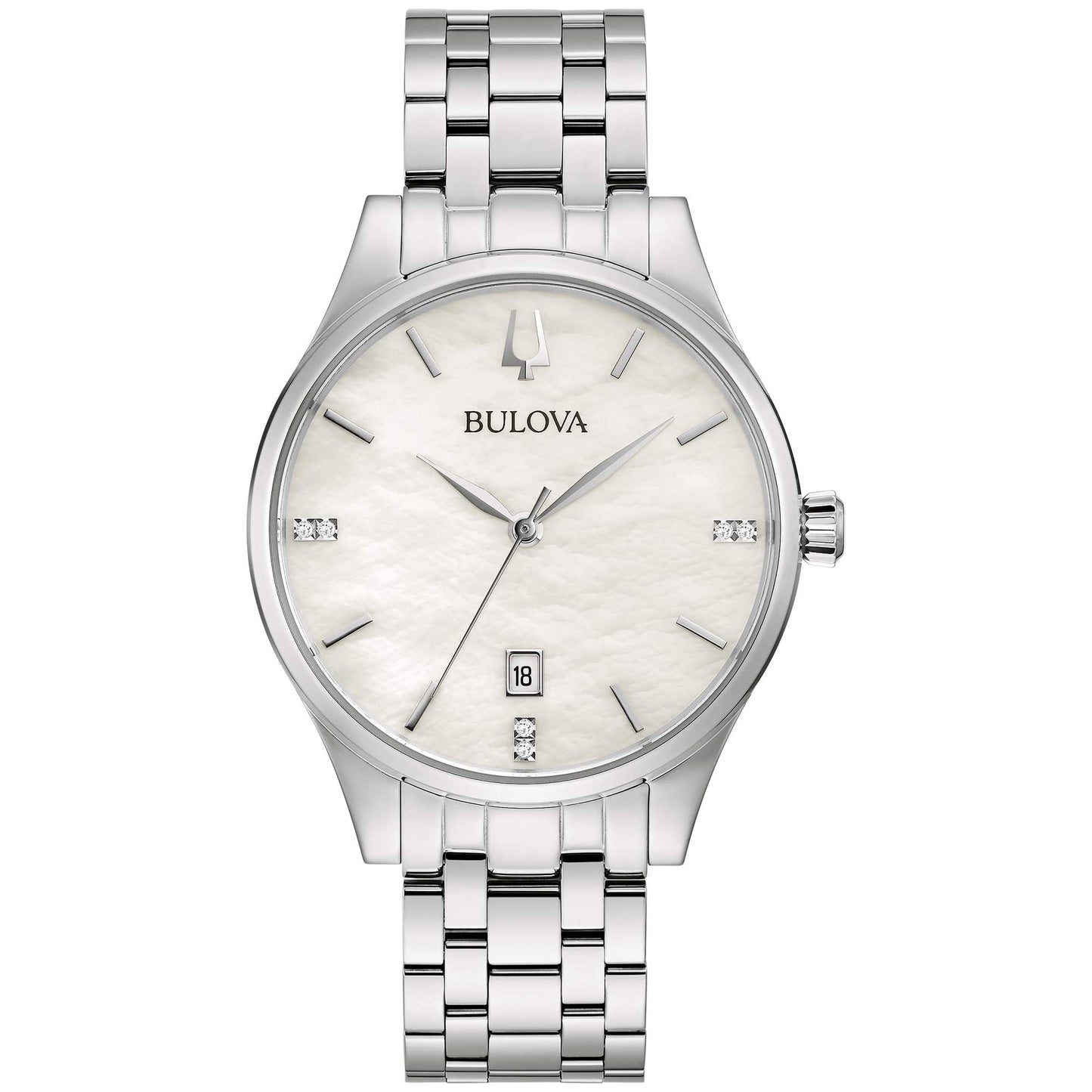 Bulova Ladies Classic Diamond Dial Stainless Steel 3-Hand Calendar Date Quartz Watch White Mother-of-Pearl Style: 96P220 - Renee Lane Company