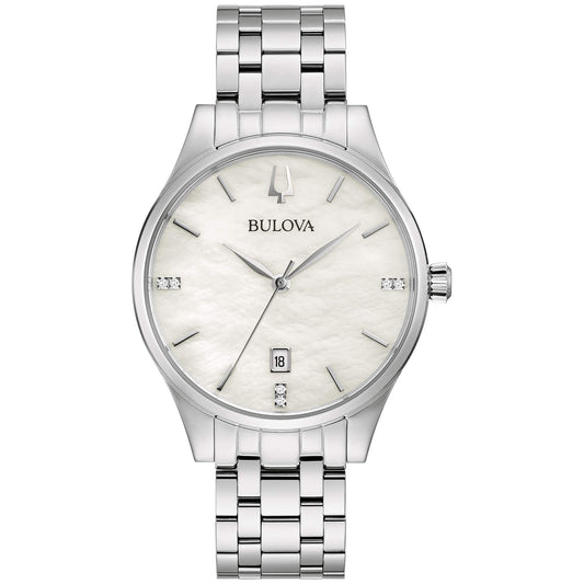 Bulova Ladies Classic Diamond Dial Stainless Steel 3-Hand Calendar Date Quartz Watch White Mother-of-Pearl Style: 96P220 - Renee Lane Company