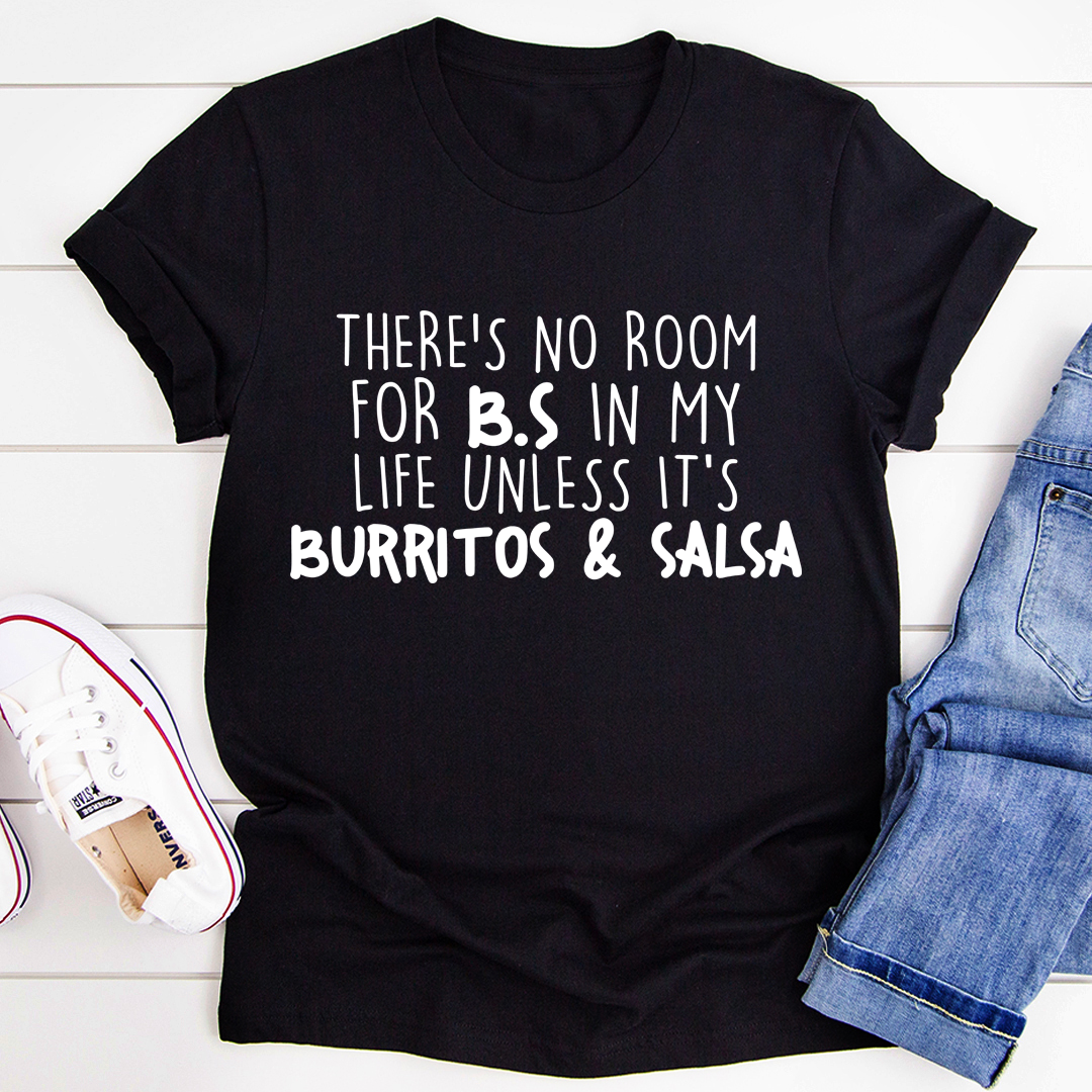 Black T-shirt with crew neck and short sleeves; white burritos & salsa slogan graphic