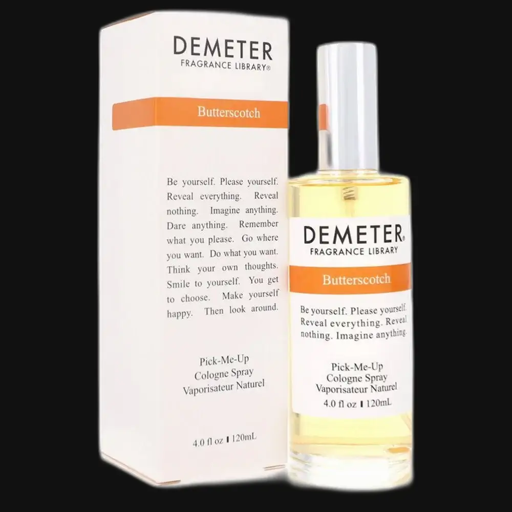 Demeter Butterscotch perfume bottle and box, with orange label and clear glass