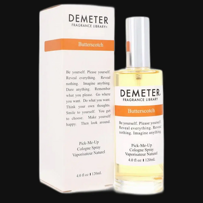 Demeter Butterscotch perfume bottle and box, with orange label and clear glass