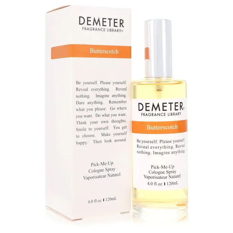 Demeter Butterscotch perfume bottle with orange strip label and white cap