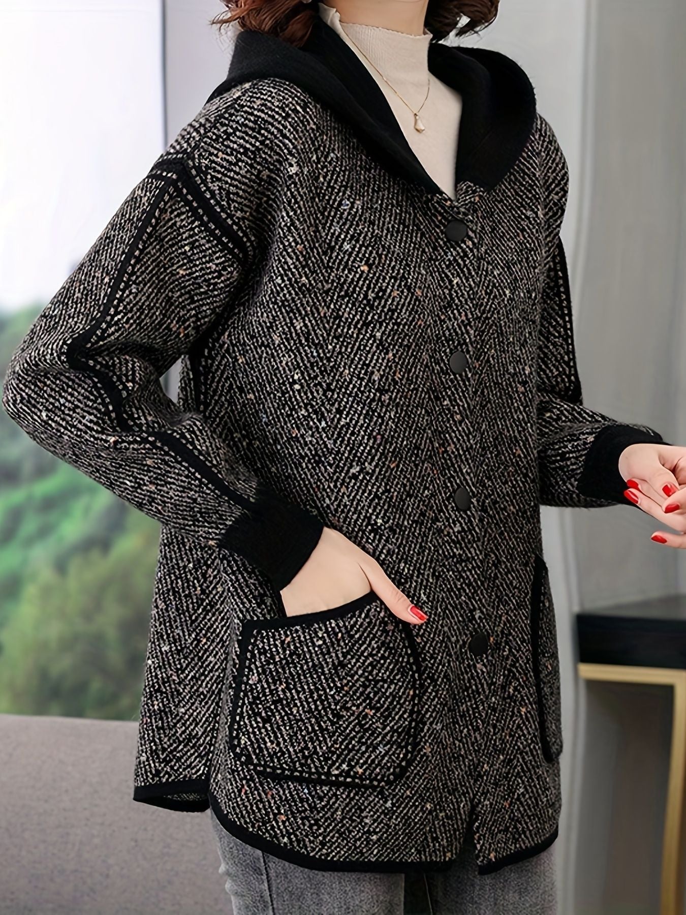Button Front Hooded Jacket, Casual Long Sleeve Outerwear With Pockets, Women's Clothing - Renee Lane Company