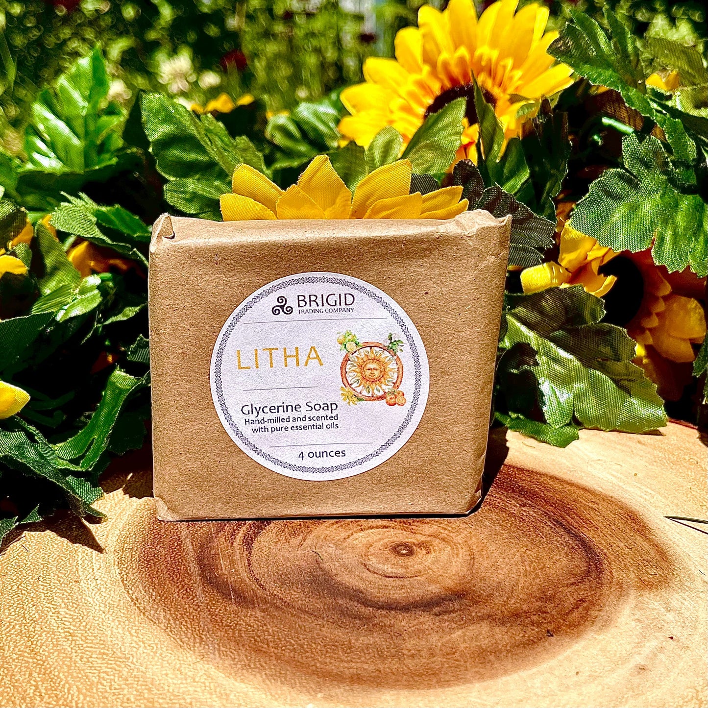 Glycerine soap bar in kraft paper with 'Litha' label, 4 ounces.