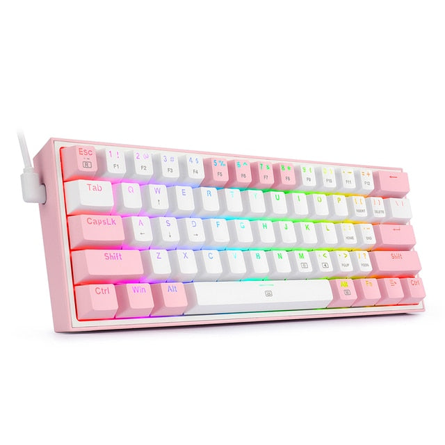 Mini mechanical wired gaming keyboard with pink case and RGB white keycaps