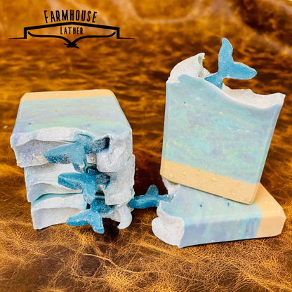 Seaside Stables starfish-shaped soap bars, light blue speckled with beige layers, stacked