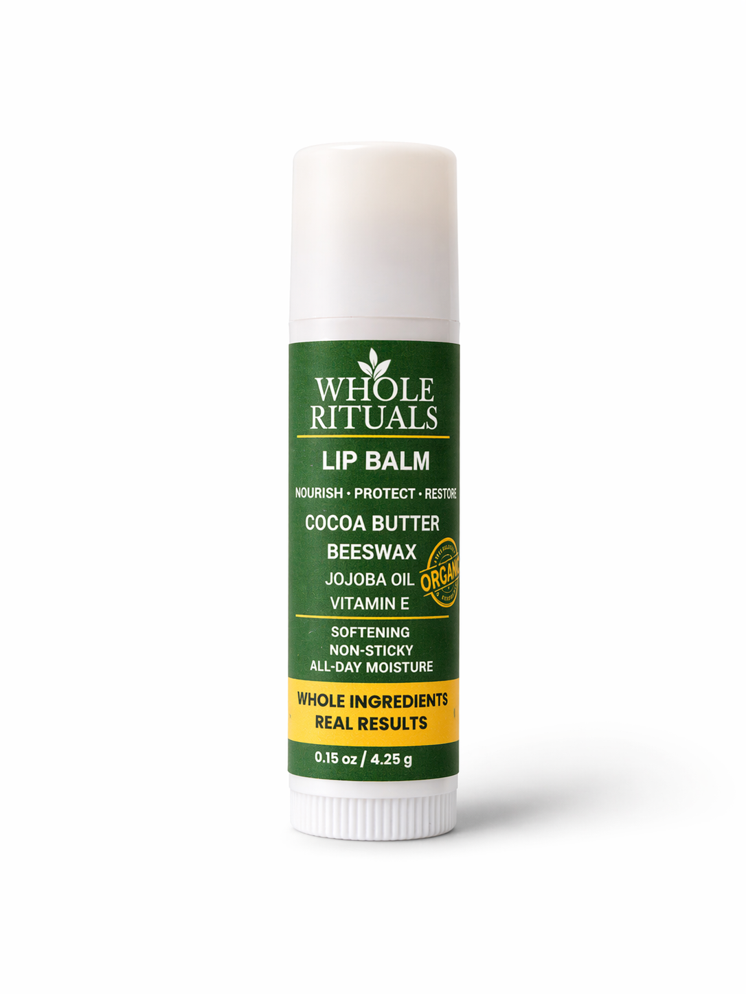Whole Rituals cocoa butter lip balm stick in white tube with green label