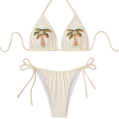 3D design women's two-piece sexy swimsuit set, tie-up bikini, solid color swimwear bikini