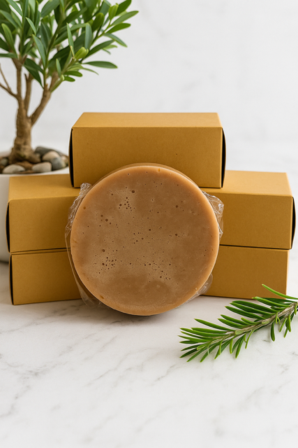 Round tan soap bar with speckled surface, in cardboard box packaging