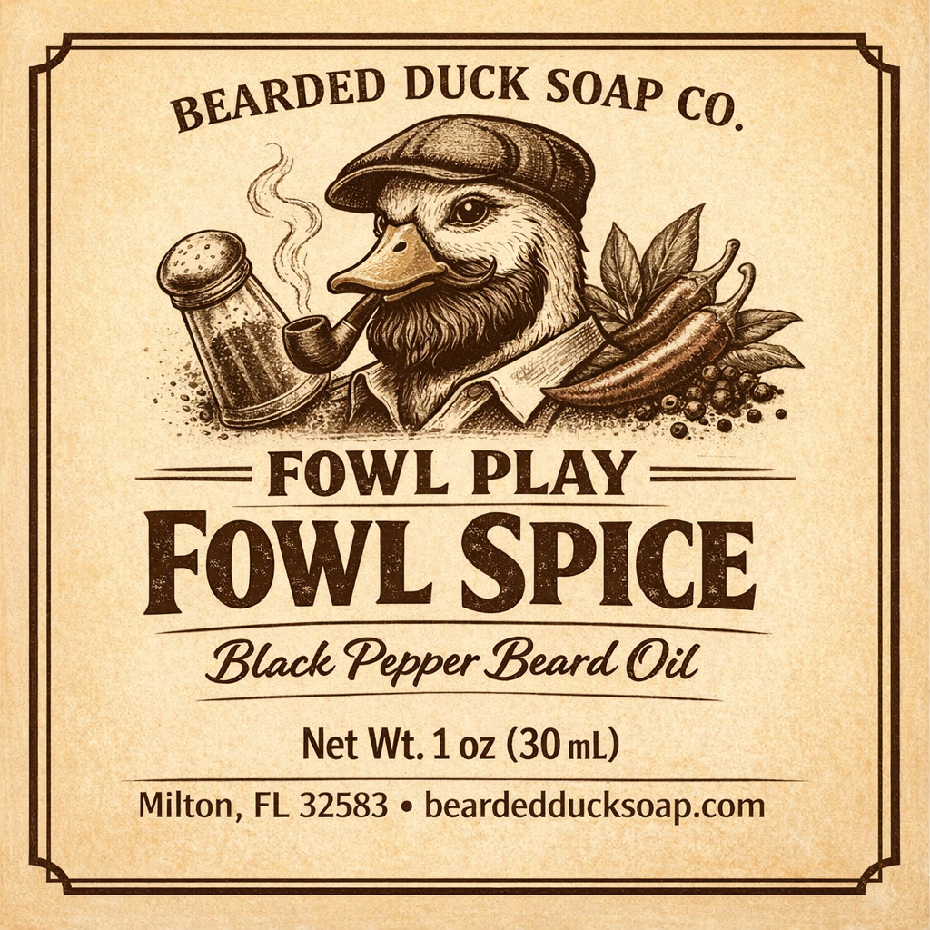 Beard oil label for Fowl Spice black pepper, net wt 1 oz (30 ml)