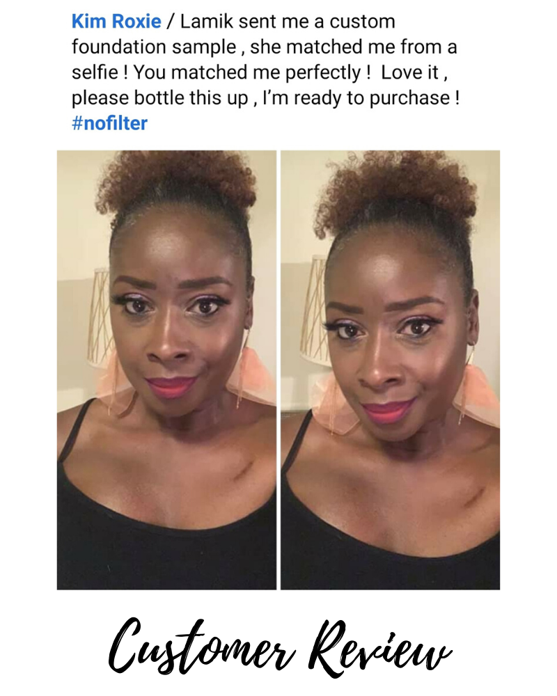 Custom blend foundation on face, two selfies showing smooth complexion coverage