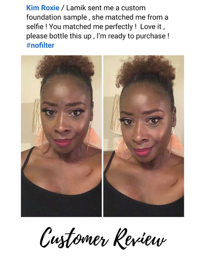 Custom blend foundation on face, two selfies showing smooth complexion coverage