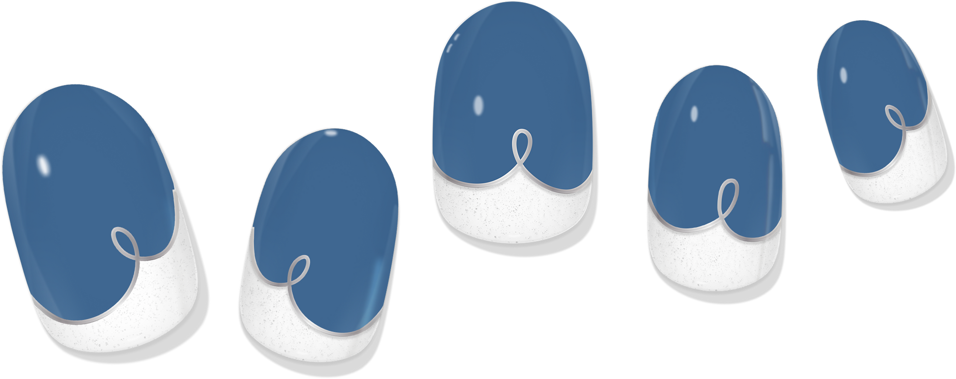 Color-change gel nail wraps: blue tips over glitter white base with loop line
