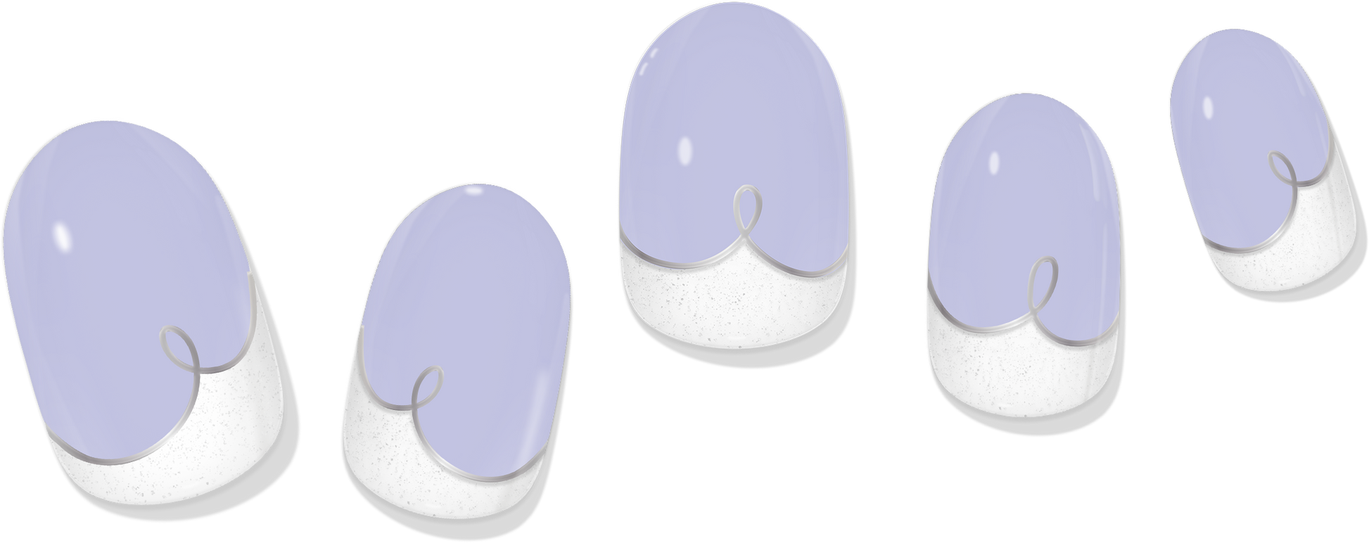 Color-change gel nail wraps: lilac tips over glitter white base with loop line