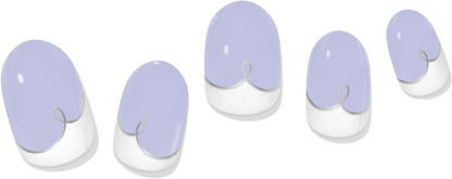 Color-change gel nail wraps: lilac tips over glitter white base with loop line