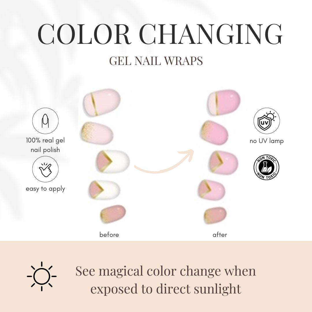 Color-changing gel nail wraps infographic with before and after pink nails
