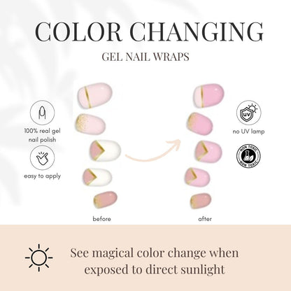 Color-changing gel nail wraps infographic with before and after pink nails
