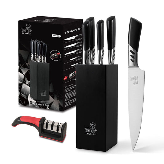 CHUSHIJI Knife Sets for Kitchen with Block and Sharpener 7-Pieces Premium Stainless Steel Kitchen Knife Sets with Block - Hard Wood Brown Knife Block Set - Renee Lane Company