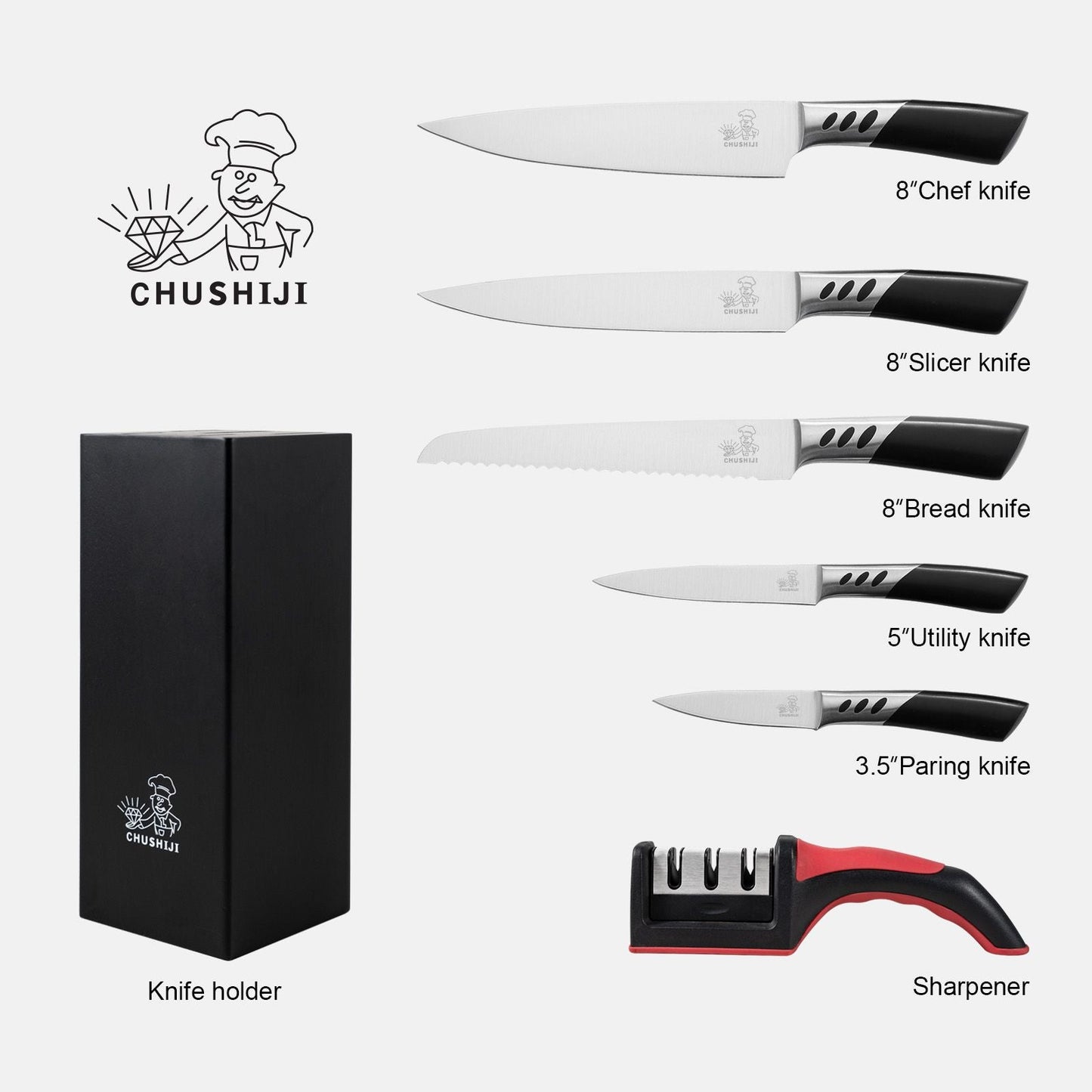 CHUSHIJI Knife Sets for Kitchen with Block and Sharpener 7-Pieces Premium Stainless Steel Kitchen Knife Sets with Block - Hard Wood Brown Knife Block Set - Renee Lane Company
