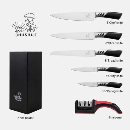 CHUSHIJI Knife Sets for Kitchen with Block and Sharpener 7-Pieces Premium Stainless Steel Kitchen Knife Sets with Block - Hard Wood Brown Knife Block Set - Renee Lane Company