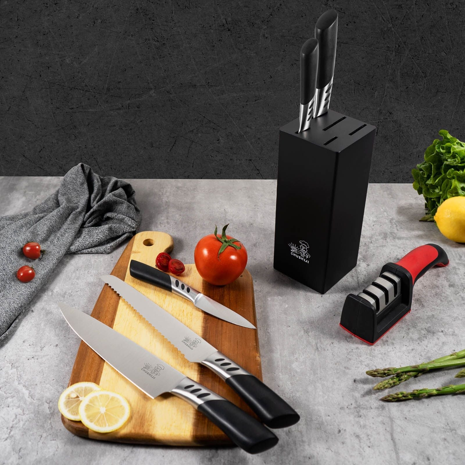 CHUSHIJI Knife Sets for Kitchen with Block and Sharpener 7-Pieces Premium Stainless Steel Kitchen Knife Sets with Block - Hard Wood Brown Knife Block Set - Renee Lane Company