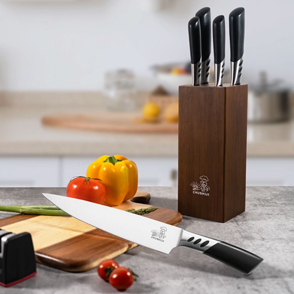 CHUSHIJI Knife Sets for Kitchen with Block and Sharpener 7-Pieces Premium Stainless Steel Kitchen Knife Sets with Block - Hard Wood Brown Knife Block Set - Renee Lane Company