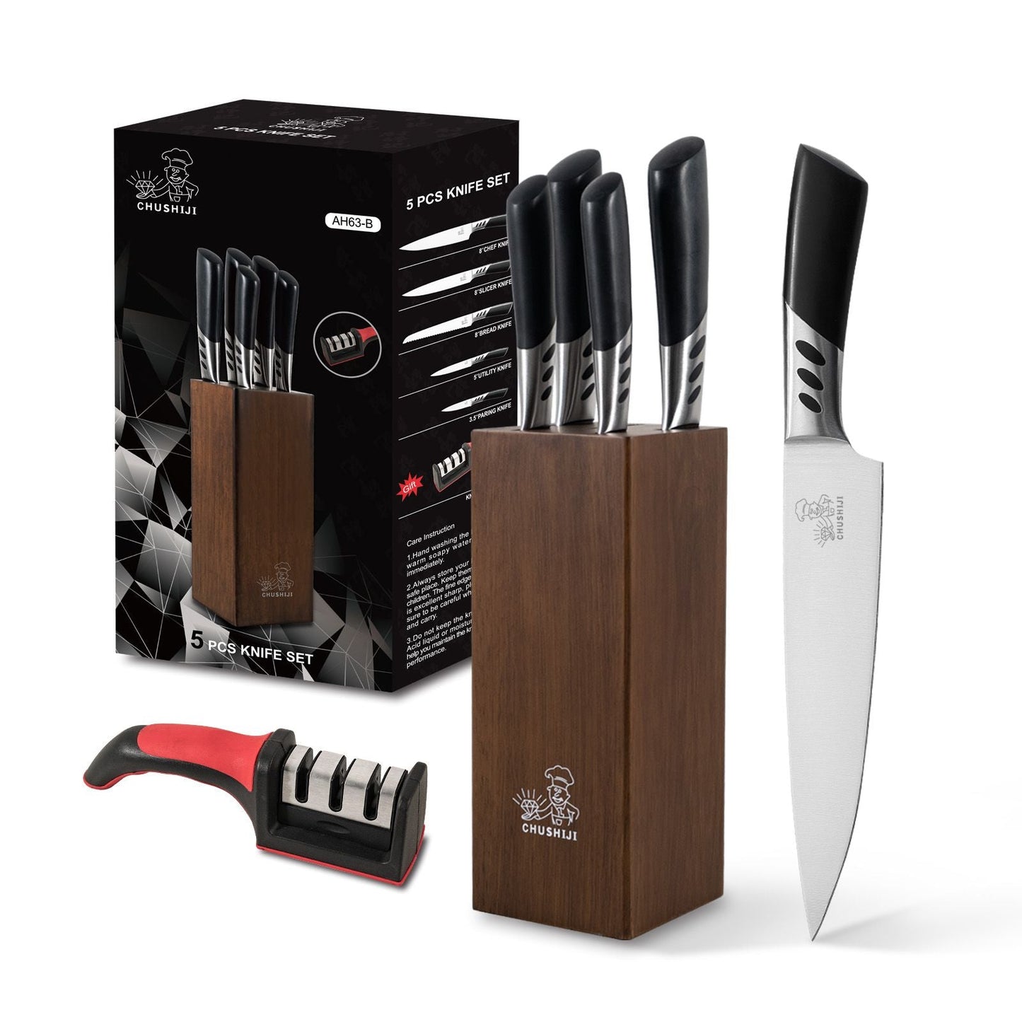 CHUSHIJI Knife Sets for Kitchen with Block and Sharpener 7-Pieces Premium Stainless Steel Kitchen Knife Sets with Block - Hard Wood Brown Knife Block Set - Renee Lane Company