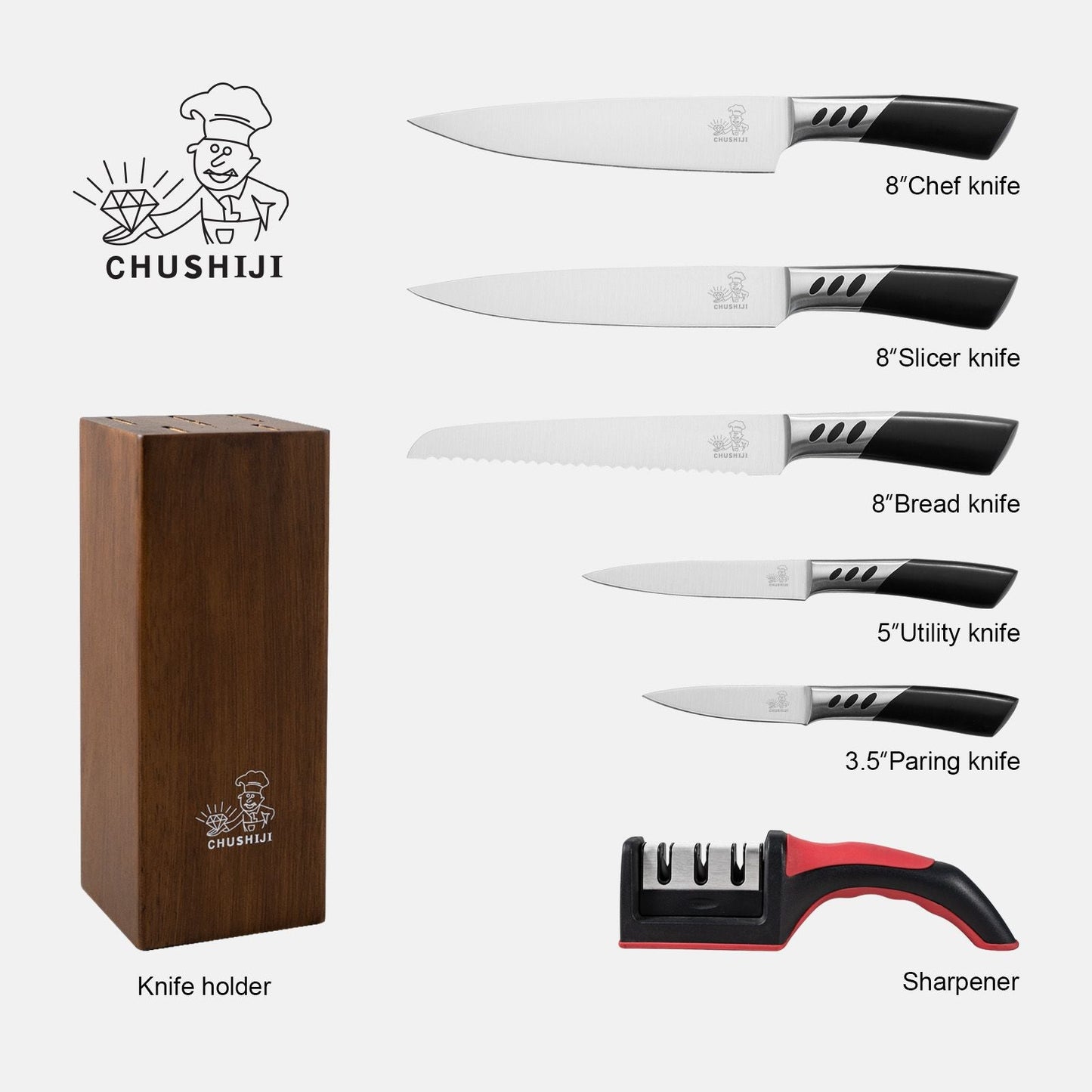 CHUSHIJI Knife Sets for Kitchen with Block and Sharpener 7-Pieces Premium Stainless Steel Kitchen Knife Sets with Block - Hard Wood Brown Knife Block Set - Renee Lane Company