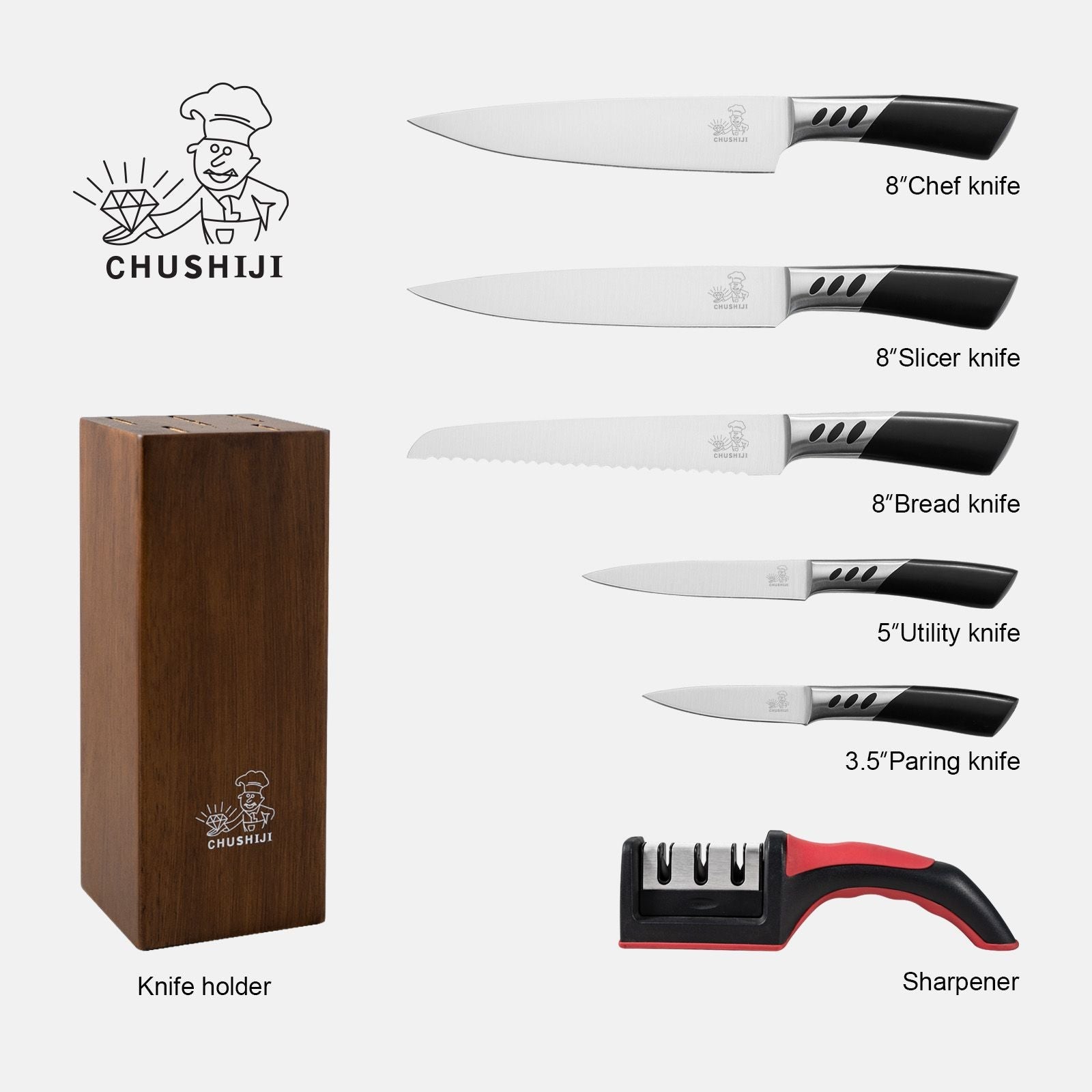 CHUSHIJI Knife Sets for Kitchen with Block and Sharpener 7-Pieces Premium Stainless Steel Kitchen Knife Sets with Block - Hard Wood Brown Knife Block Set - Renee Lane Company