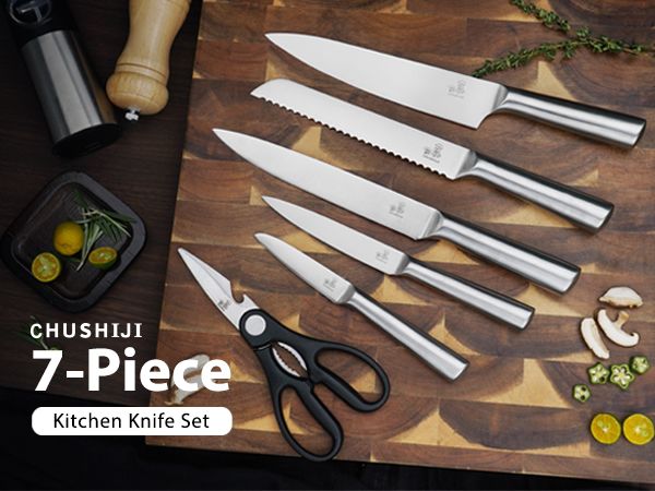 CHUSHIJI Knife Sets for Kitchen with Block and Sharpener 7-Pieces Premium Stainless Steel Kitchen Knife Sets with Block - Hard Wood Brown Knife Block Set - Renee Lane Company