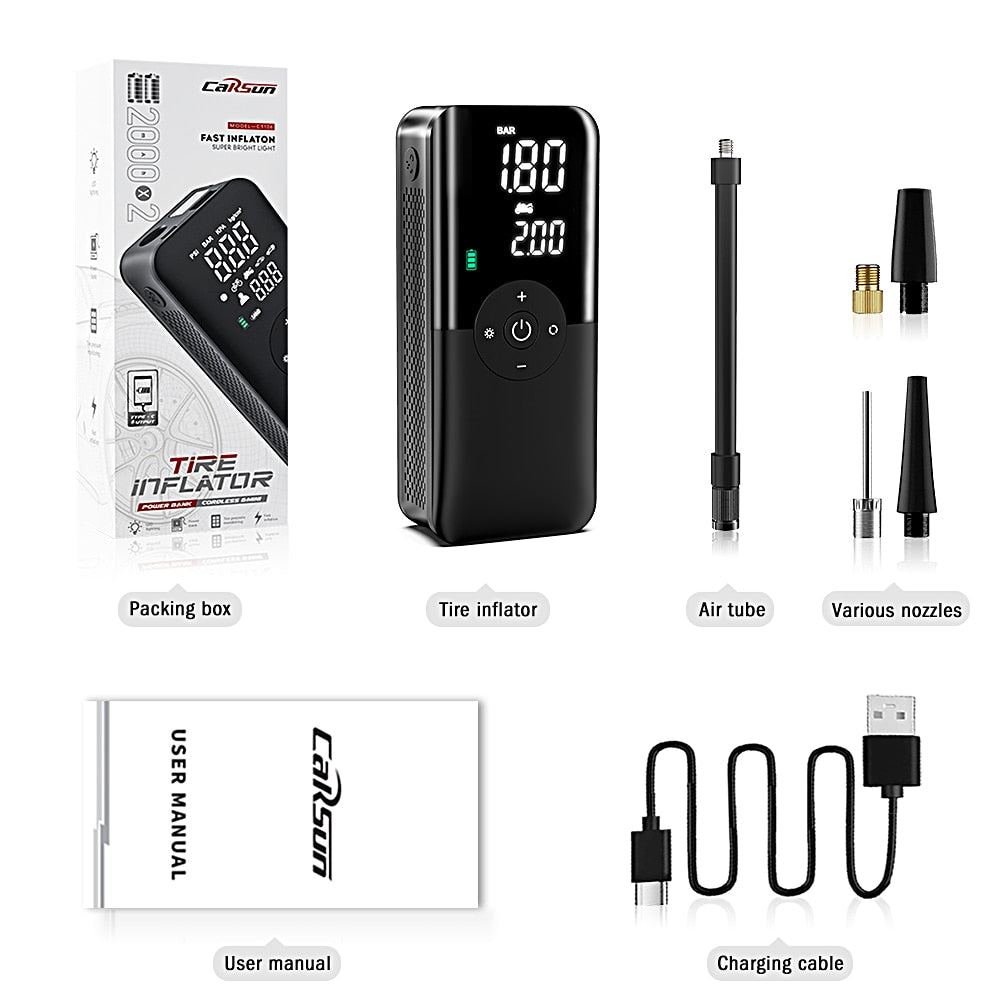 Black portable inflator pump kit with air tube, various nozzles, and charging cable.