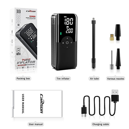 Black portable inflator pump kit with air tube, various nozzles, and charging cable.
