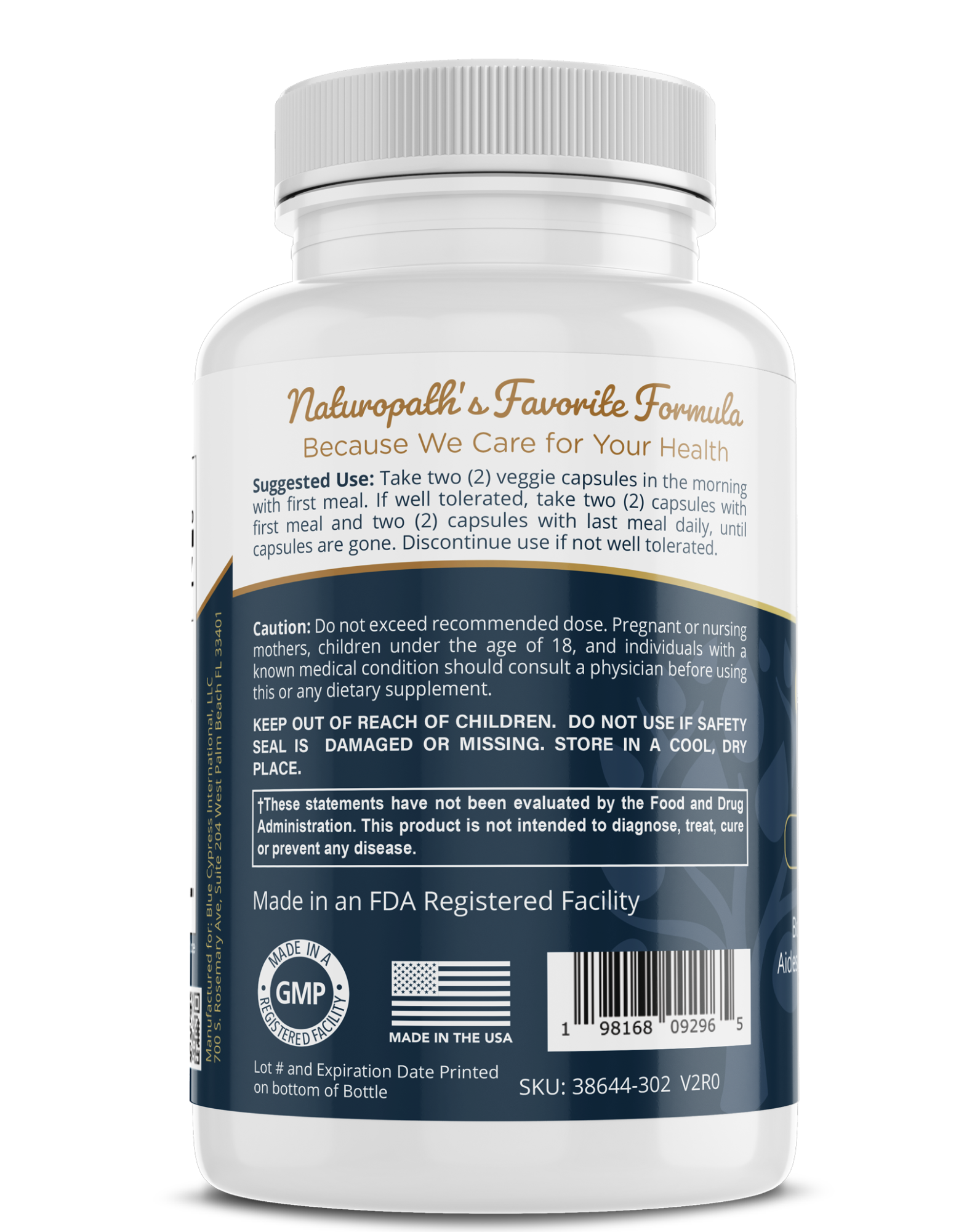 Supplement bottle back label with use directions and GMP/FDA facility icons