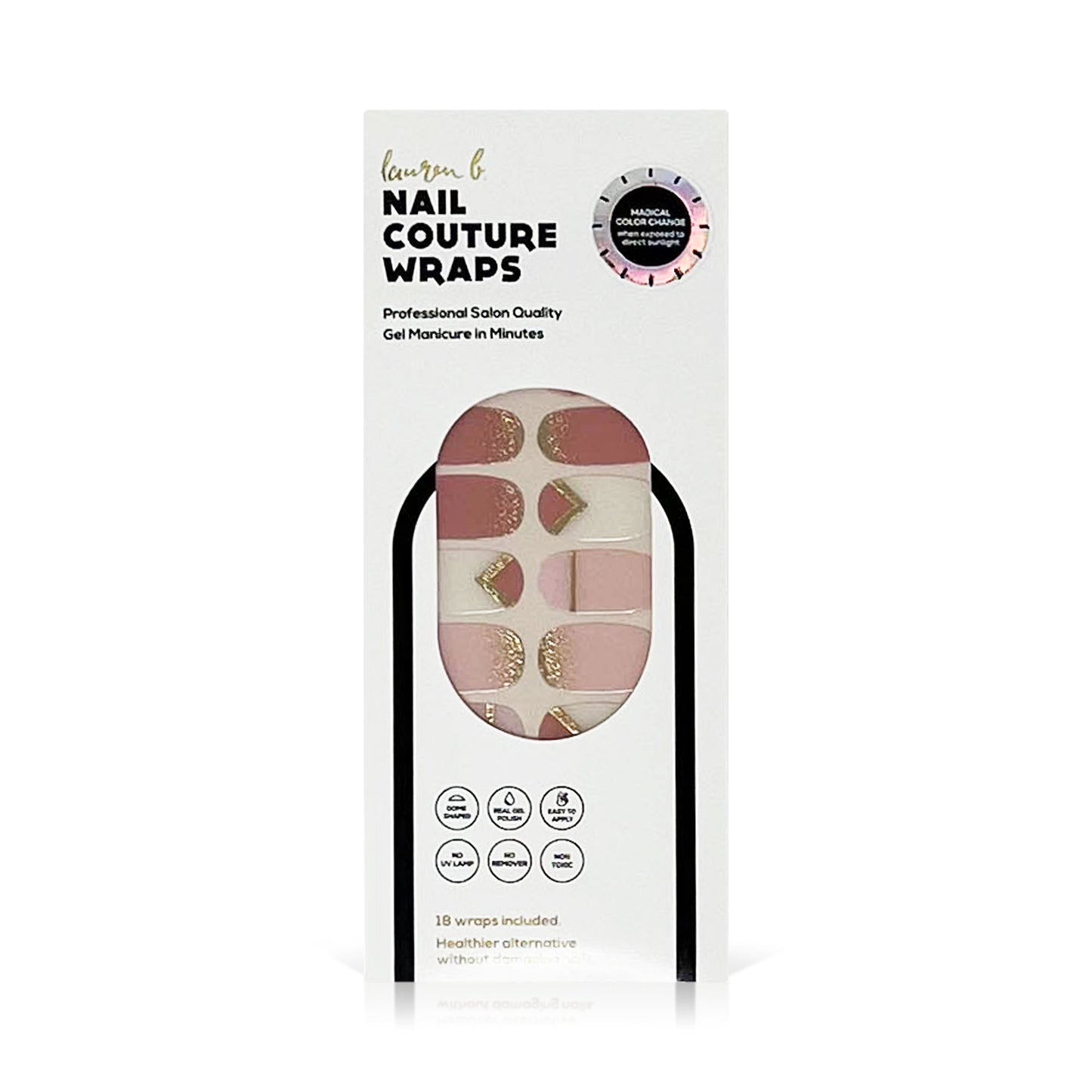 Gel nail wrap package with geometric pink and gold nail design, 18 wraps included