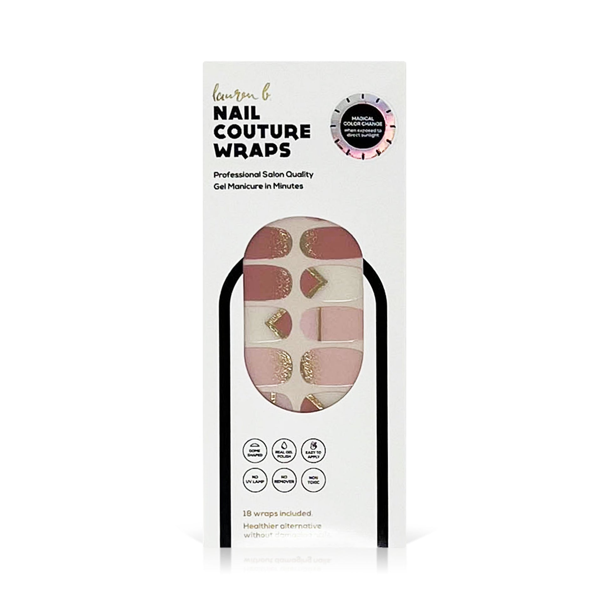 Gel nail wrap package with geometric pink and gold nail design, 18 wraps included