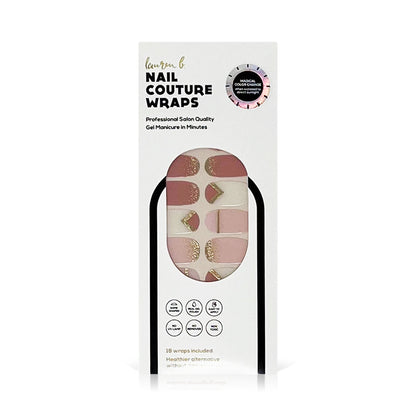 Gel nail wrap package with geometric pink and gold nail design, 18 wraps included