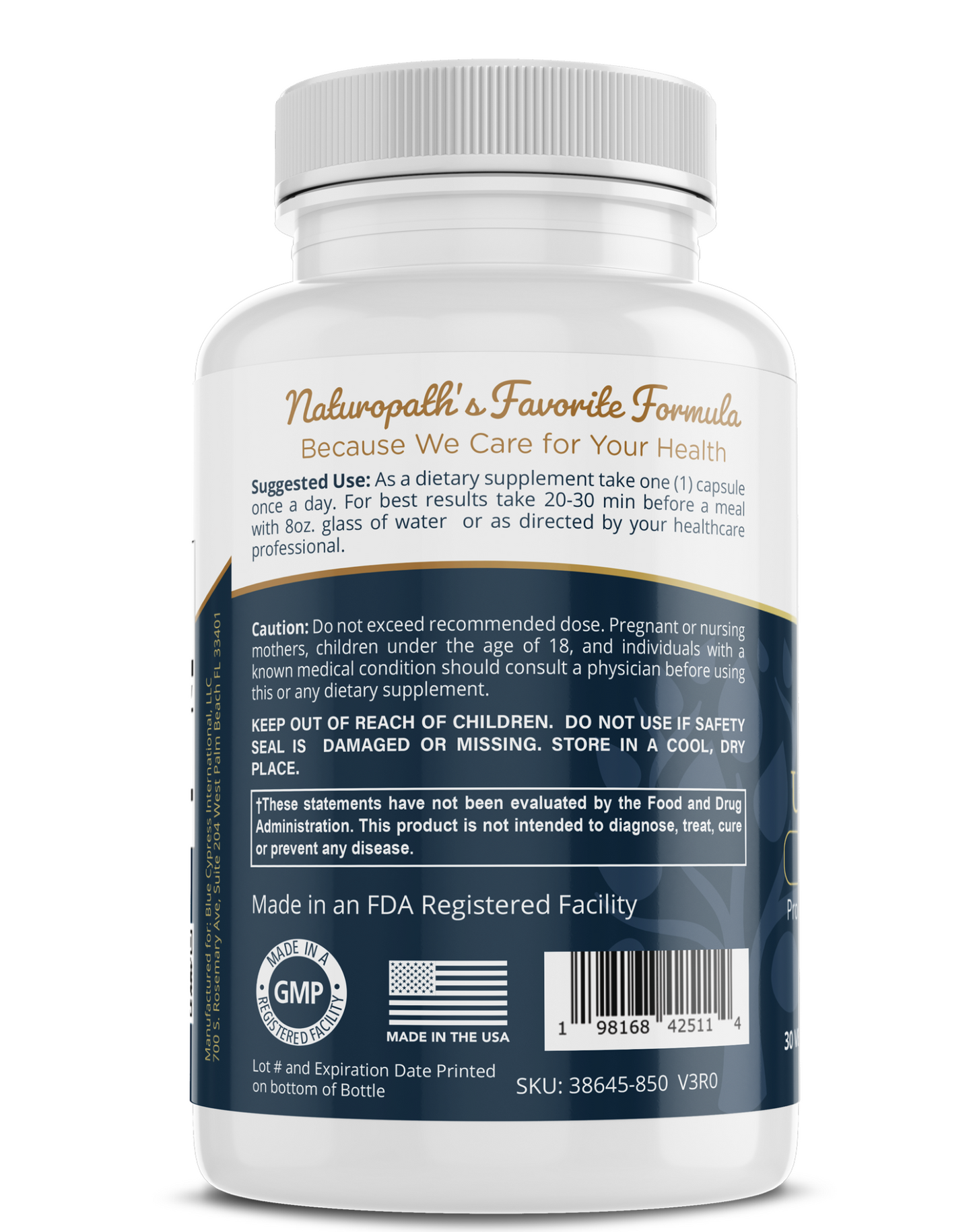 Coenzyme Q-10 supplement bottle with Naturaph's caution panel and GMP info