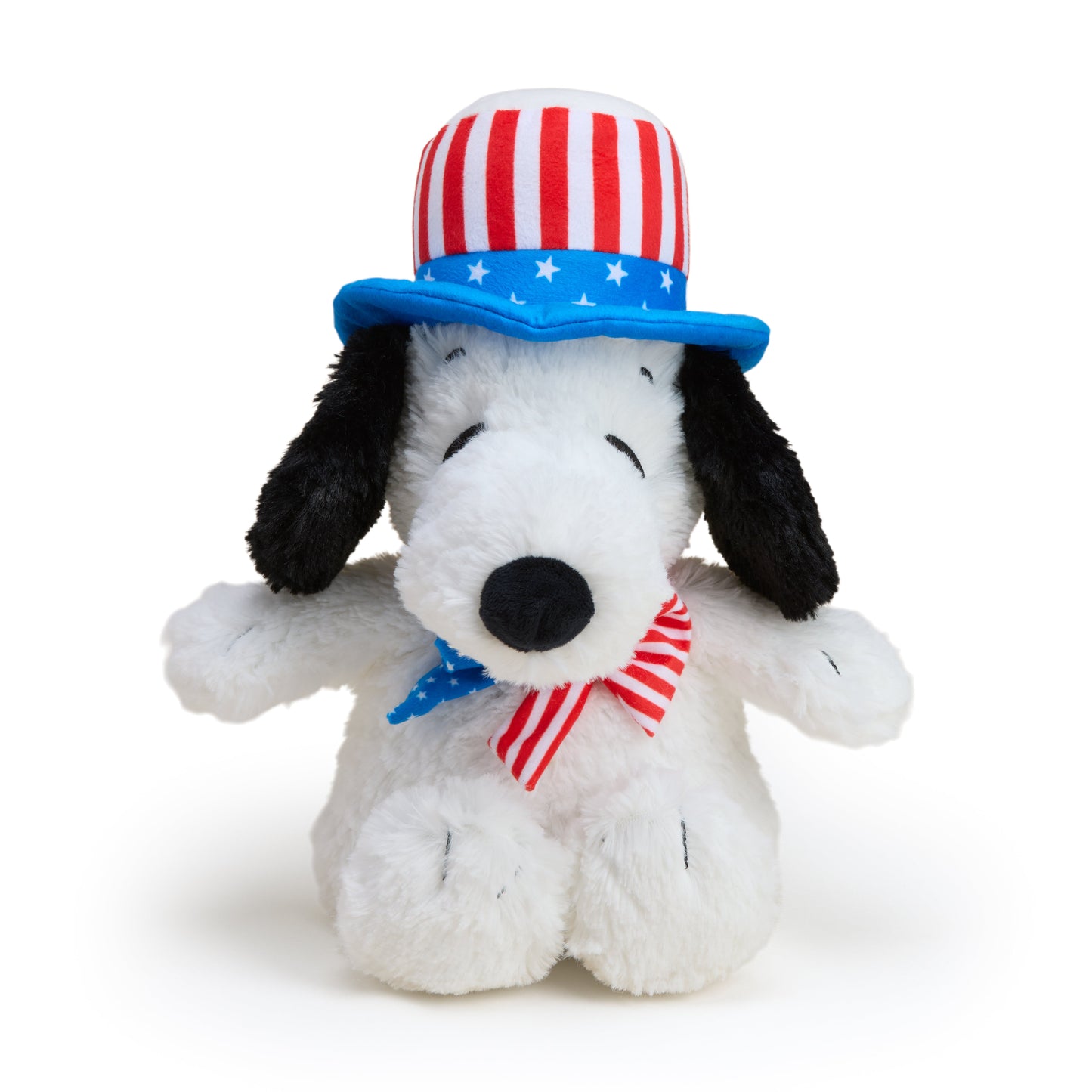 Plush Snoopy warmer with red-white striped hat and blue scarf, star accents